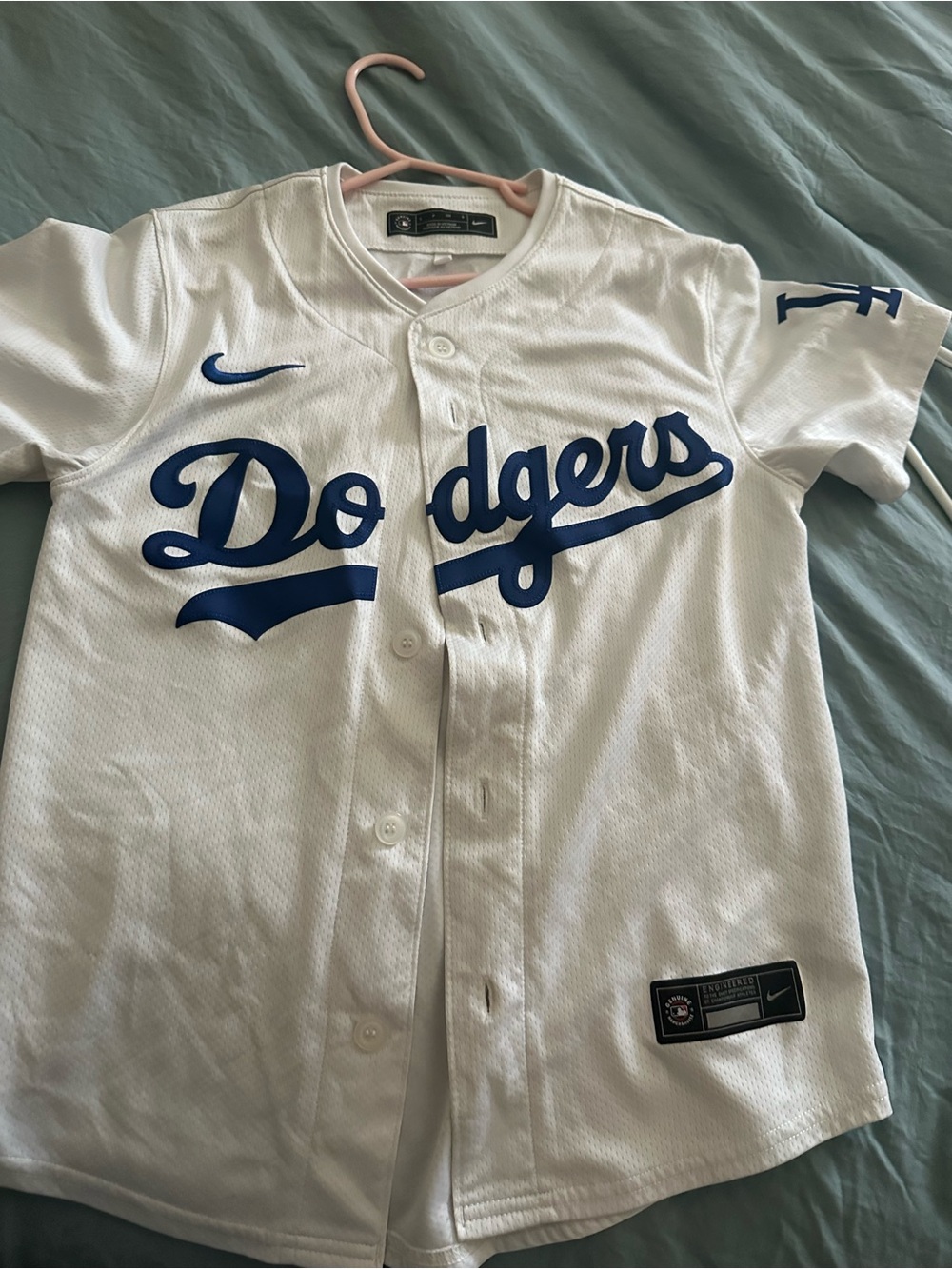 Nike Los Angeles Dodgers White Button Jersey with Blue Script- KIDS
